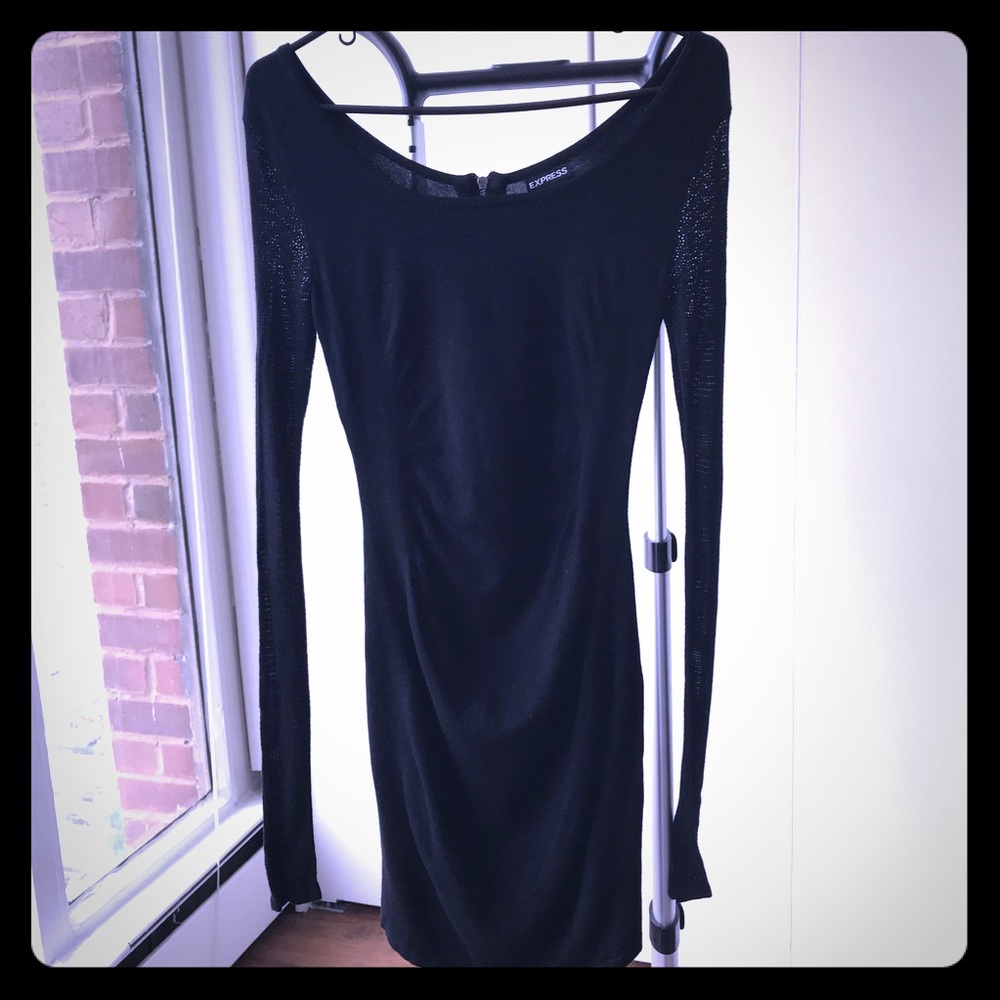Back Zip Net Sleeve Fitted Sweater Dress Jet black